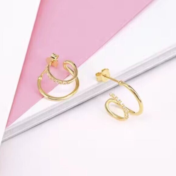 Double Huggie Earrings Gold Pave Hoop Earrings Hypoallergenic Jewelry PRETTY - Picture 12 of 12